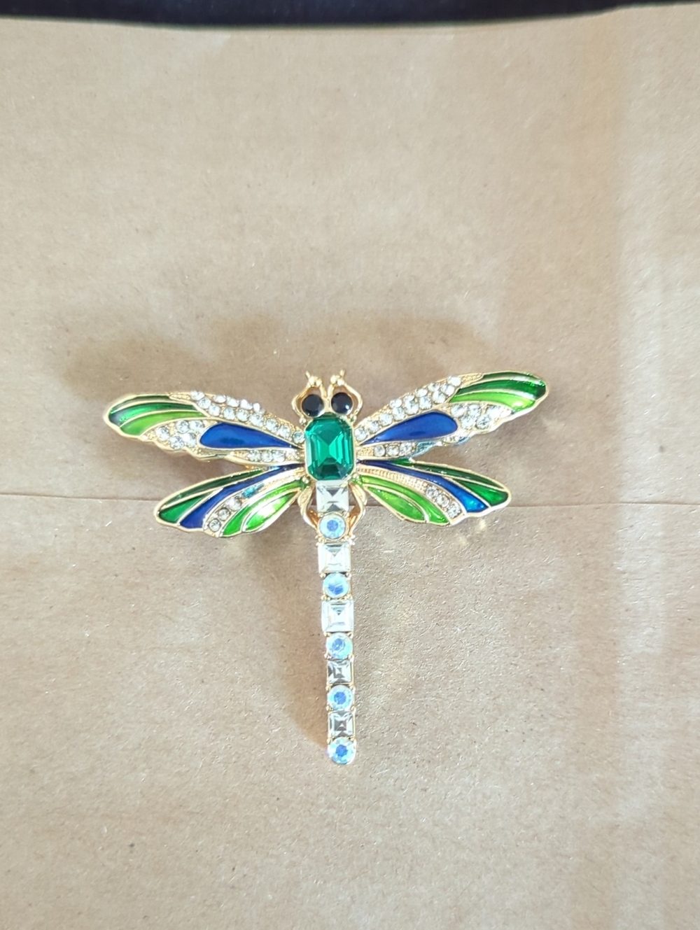 Gold Dragonfly Brooch with Green and Blue Enamel Accents